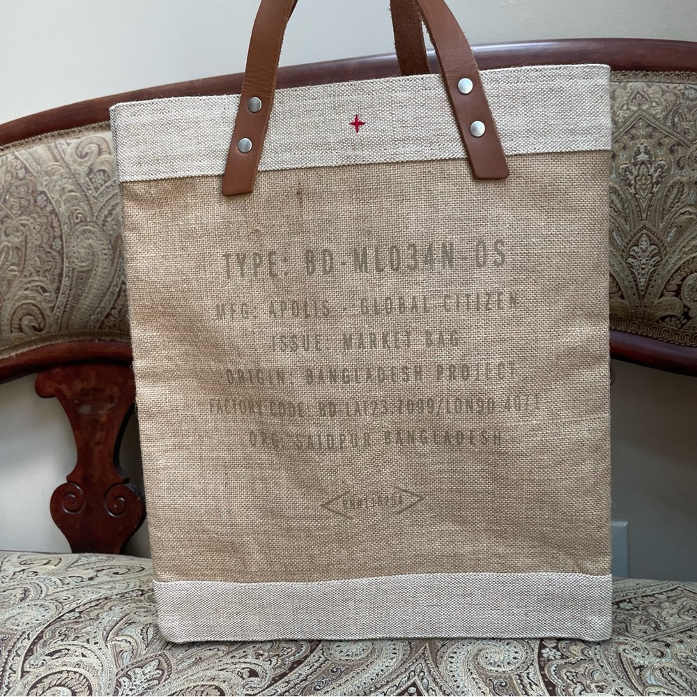 Apolis Global Citizen Market Bag Handcrafted Jute Tote Brown Leather Straps - Picture 2 of 9